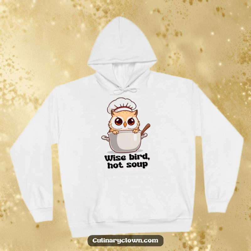 Funny owl chef peeking into a steaming pot, a cozy and humorous design on a comfortable hoodie.