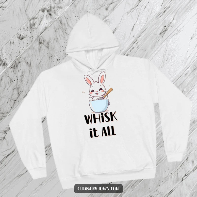 Funny hoodie with a smiling rabbit character whisking batter with a huge spoon, perfect for cozy baking sessions.