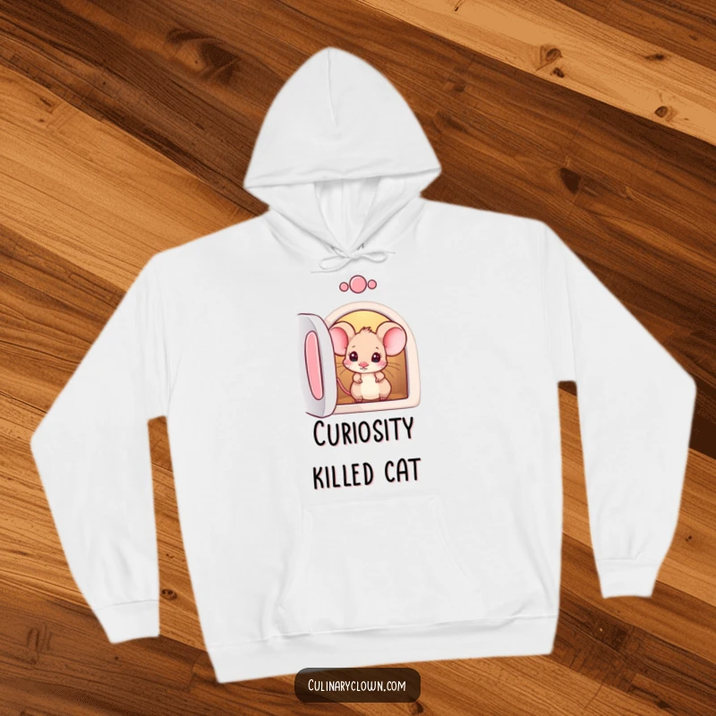 Funny hoodie featuring a curious mouse character peeking into an oven, embodying warmth and a sense of wonder.