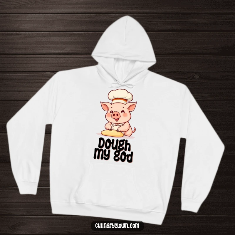 Funny pig chef in a chef hat, busy kneading dough, featured on a comfortable and humorous hoodie.