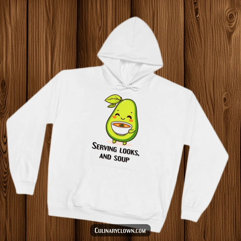 Funny Hoodie featuring a happy avocado character serving a tiny bowl of soup with great flair and a confident, smiling demeanor.