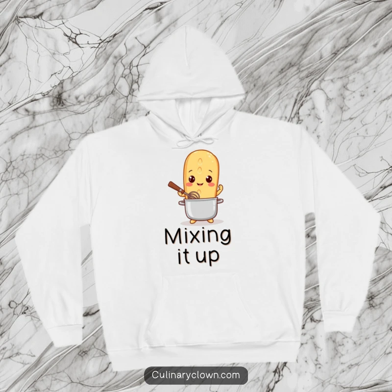 Funny Hoodie depicting a smiling baguette character, eyes shining, actively whisking a pot with a fun, energetic culinary vibe.