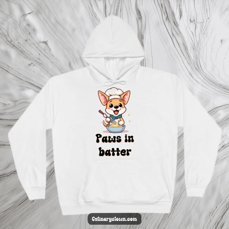Funny Dog Chef Hoodie: A dog with floppy ears joyfully whisking batter, embodying baking enthusiasm.