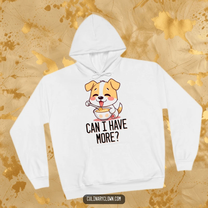 Funny hoodie featuring a dog character blissfully tasting soup, embodying cozy comfort and hilarious culinary joy.