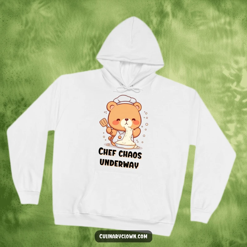 Funny Hoodie featuring a cute kawaii bear chef in a comical flour explosion, designed for ultimate comfort and kitchen laughs.