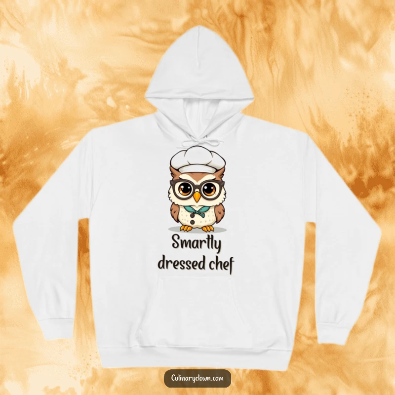 Funny Kawaii Owl Chef Hoodie: A warm, comfortable hoodie showcasing a cute owl chef with spectacles precariously perched on its beak.