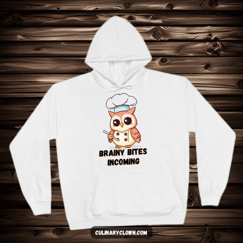 Funny Kawaii Owl Chef Hoodie: Adorable owl in chef attire pondering a recipe, embodying thoughtful kitchen humor.
