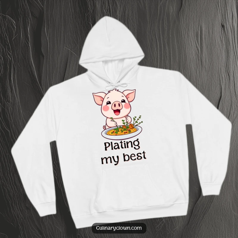 Funny kawaii pig character excitedly garnishing a dish with herbs, wearing a cozy hoodie.