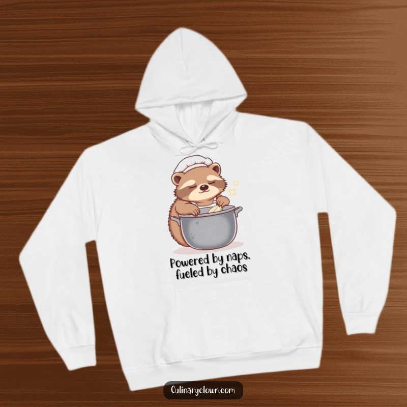 Funny sloth chef hoodie featuring a sleepy character slowly stirring a pot, perfect for staying warm and amused.