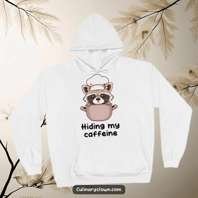 Funny chef raccoon hiding behind a pot in a cozy hoodie, showcasing a playful and humorous design.