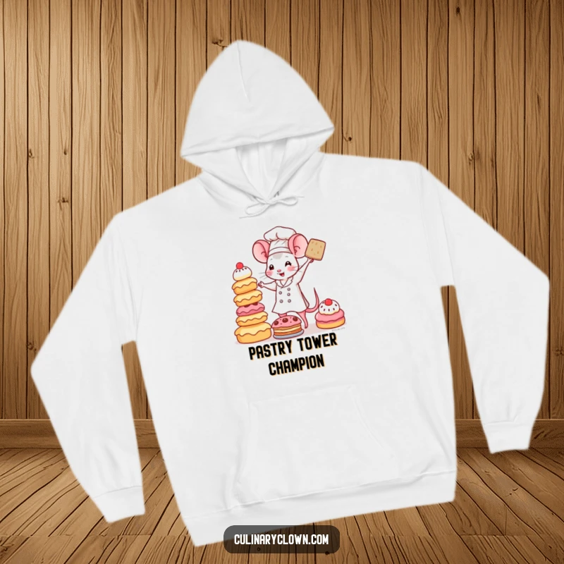 Funny Kawaii Mouse Chef Hoodie: A cute, determined mouse chef is struggling to keep a tall stack of colorful pastries from toppling over, looking focused.