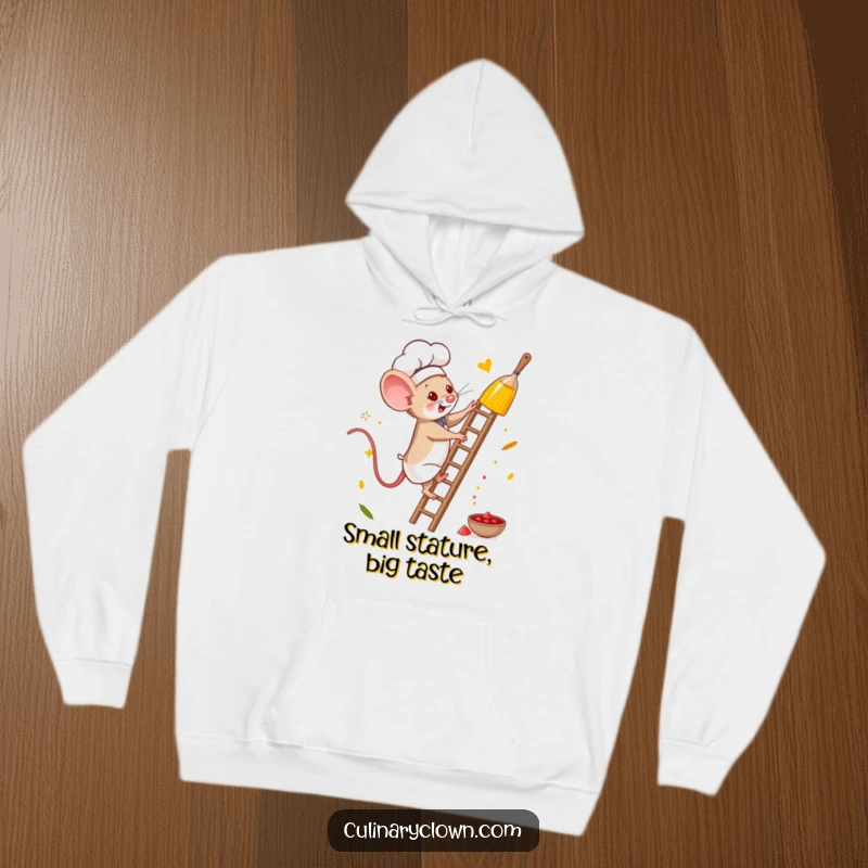 Funny mouse chef hoodie featuring a brave character climbing a ladder for spices, perfect for warmth and inspiration.