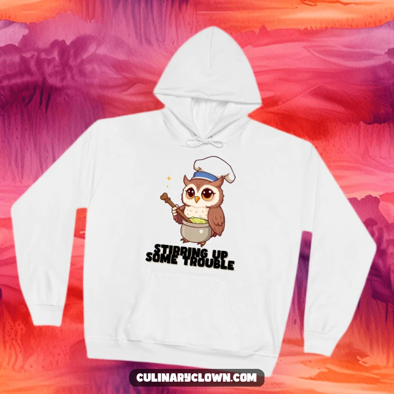 Funny Hoodie featuring a curious owl chef stirring a bubbling potion with a wooden spoon, designed for warmth and magical charm.