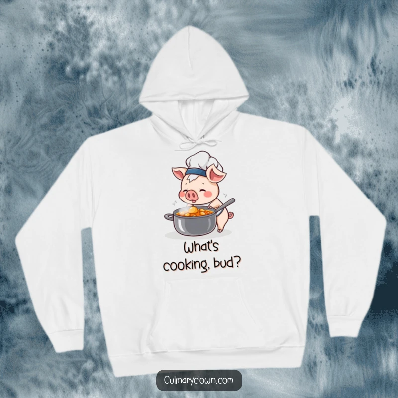 Funny Kawaii Pig Chef Hoodie: Cute pig chef curiously sniffing a steaming stew, embodying kitchen warmth.