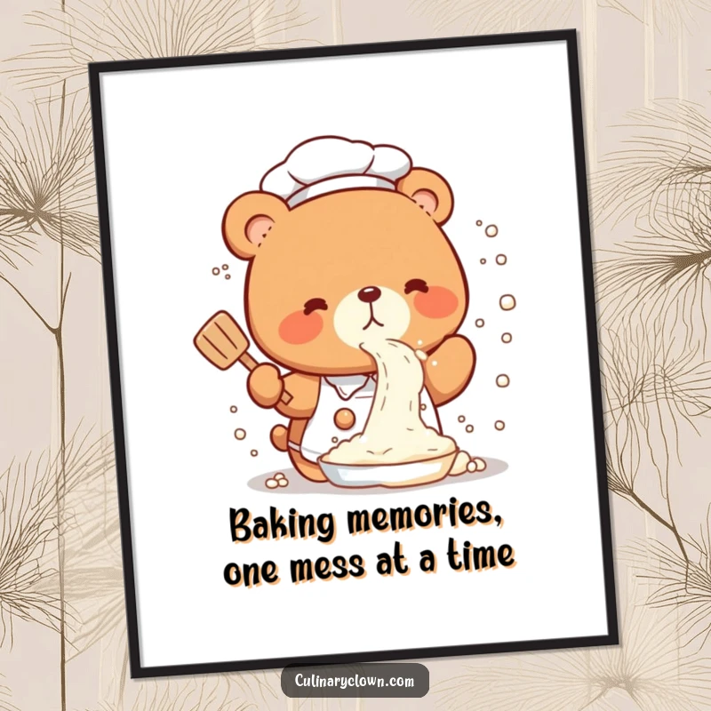 Funny free printable wall art of a kawaii bear chef covered in flour from an accidental spray, looking surprised.
