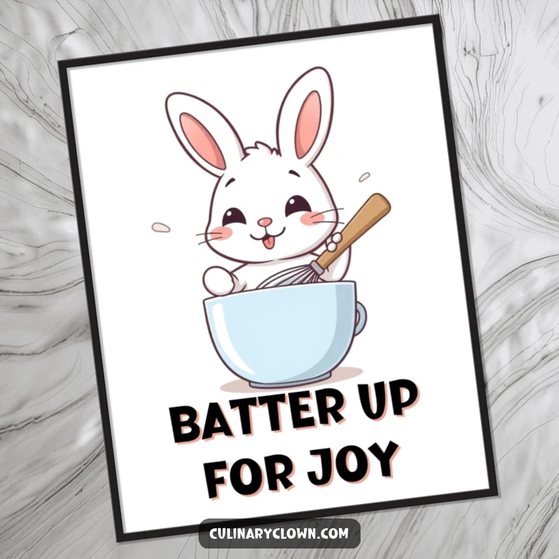 Funny Free Printable Wall Art: A smiling rabbit whisks batter with a giant spoon, adding a fun touch to home decor.