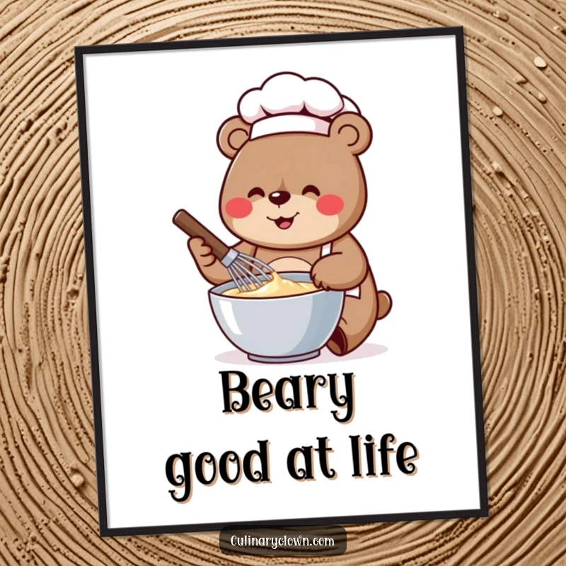 Funny Free Printable Wall Art showing a cheerful bear chef enthusiastically whisking batter, bringing a cozy and humorous kitchen vibe.