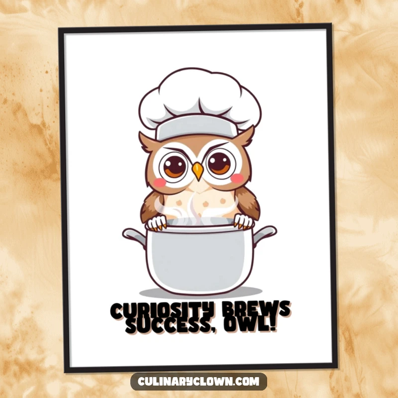 Funny Free Printable Wall Art: Kawaii owl chef peeks curiously over a steaming pot, adding a touch of whimsy.
