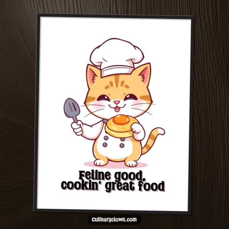 Funny Free Printable Wall Art: Mischievous cat chef in toque flambéing tiny pancakes, perfect for kitchen decor.