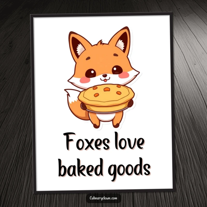 Funny Free Printable Wall Art: A cheerful fox proudly presents a golden-brown baked pie, perfect for a cozy kitchen.