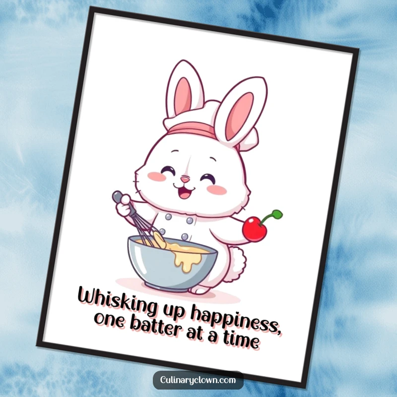 Funny Free Printable Wall Art: A fluffy bunny chef with a cheerful expression, whisking a bowl of batter with a bright cherry nearby.
