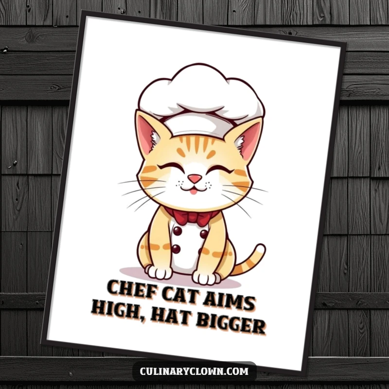Funny Free Printable Wall Art: A mischievous cat character comically attempting to wear a chef hat that is comically too large, giving a sly grin.