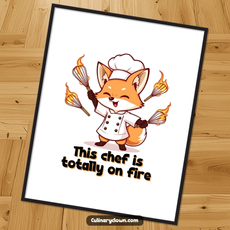 Funny Free Printable Wall Art: Determined fox chef juggling flaming whisks with impressive skill and flair.