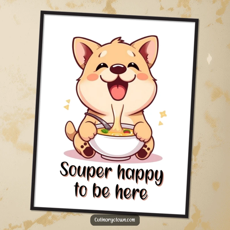Funny Free Printable Wall Art: A contented dog character joyfully slurping soup, embodying warmth and simple pleasures.