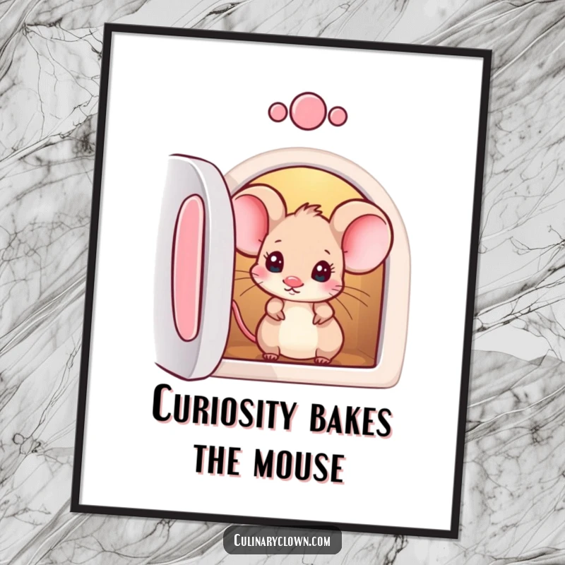 Funny Free Printable Wall Art: A curious mouse character peeking into an oven, full of mischief and anticipation.