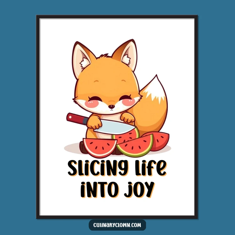 Free Printable Kawaii Fox Art: Slicing Fruit Funny Downloadable Wall Decor!