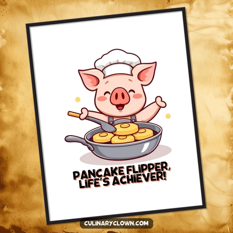 Funny Free Printable Wall Art: Kawaii pig chef happily flipping pancakes, bringing cheer to your culinary space.