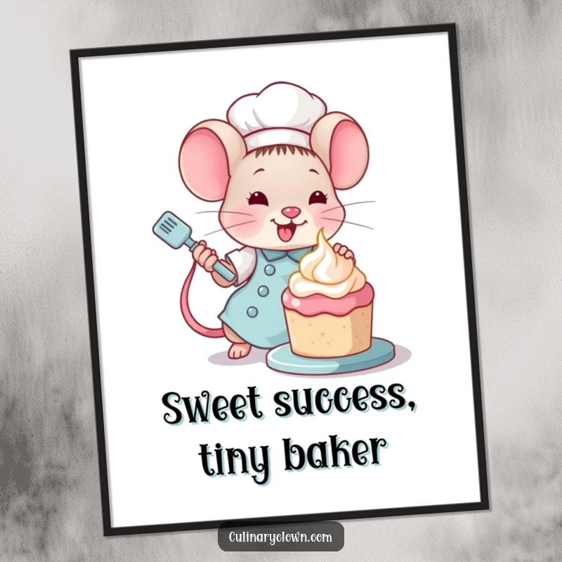 Funny Free Printable Wall Art: Kawaii mouse chef joyfully frosting a tiny cake, ideal cute kitchen decor.