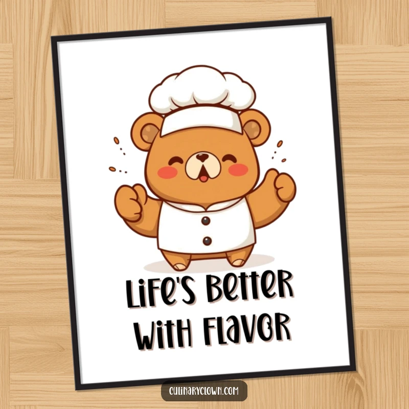 Funny Free Printable Wall Art: A kawaii bear chef in a tall hat triumphantly sprinkles seasoning, adding flavor and fun.