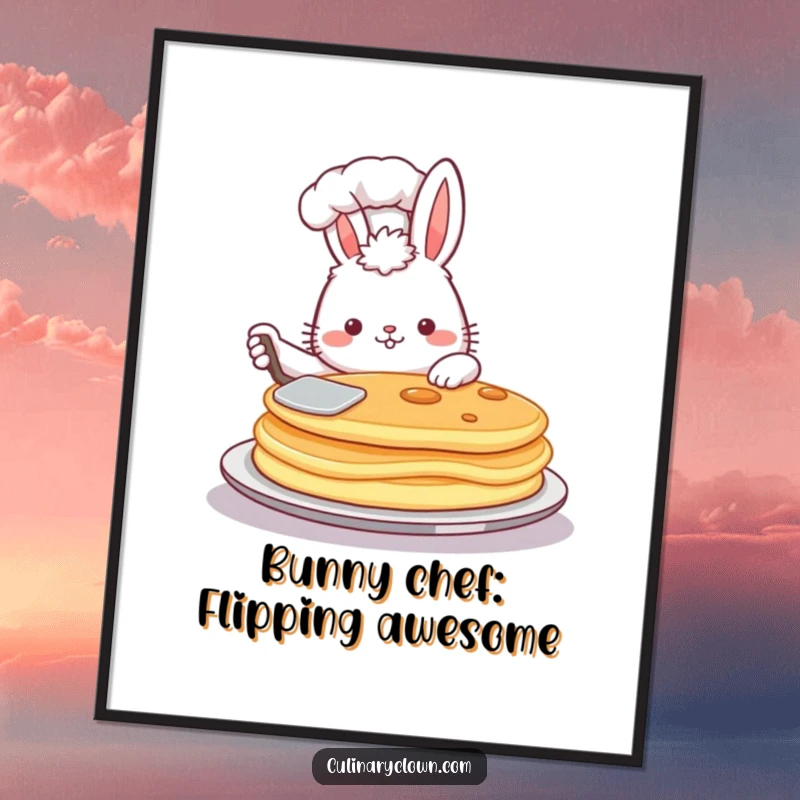 Funny Free Printable Wall Art featuring a proud bunny chef skillfully flipping a giant pancake, adding a touch of culinary humor.