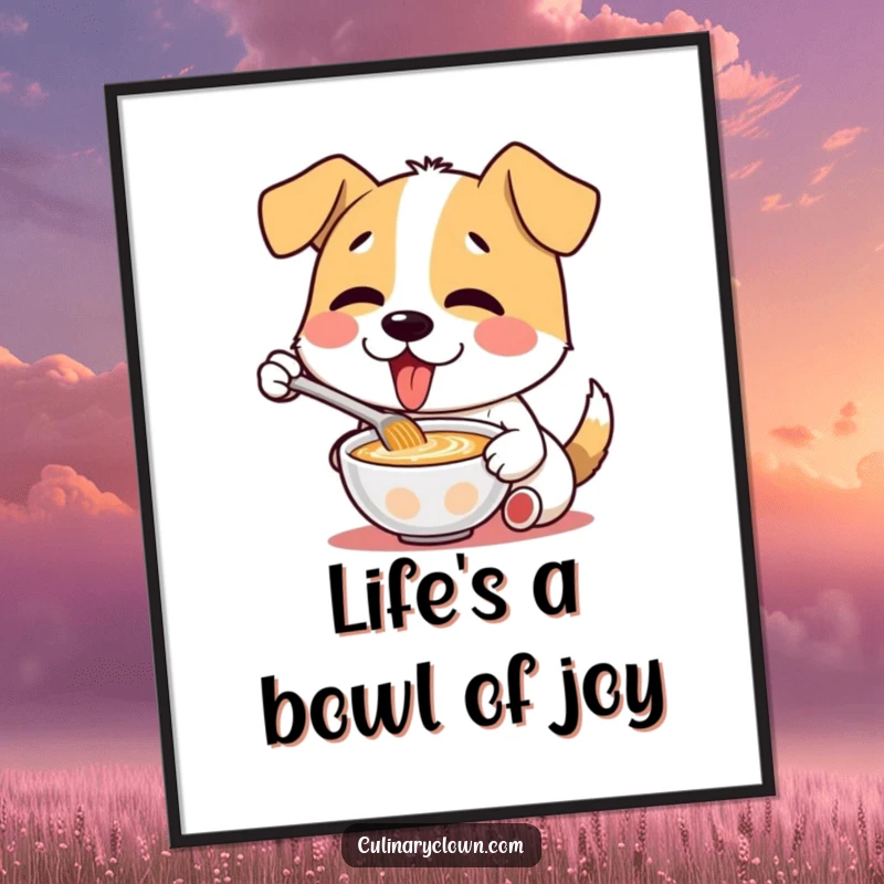 Funny Free Printable Wall Art: Delighted dog character caught mid-slurp, enthusiastically tasting a steaming bowl of soup.