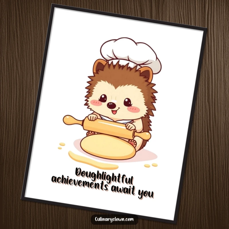 Funny Free Printable Wall Art: A kawaii hedgehog chef intently rolls out dough with a miniature rolling pin, adorable and ready to bake.