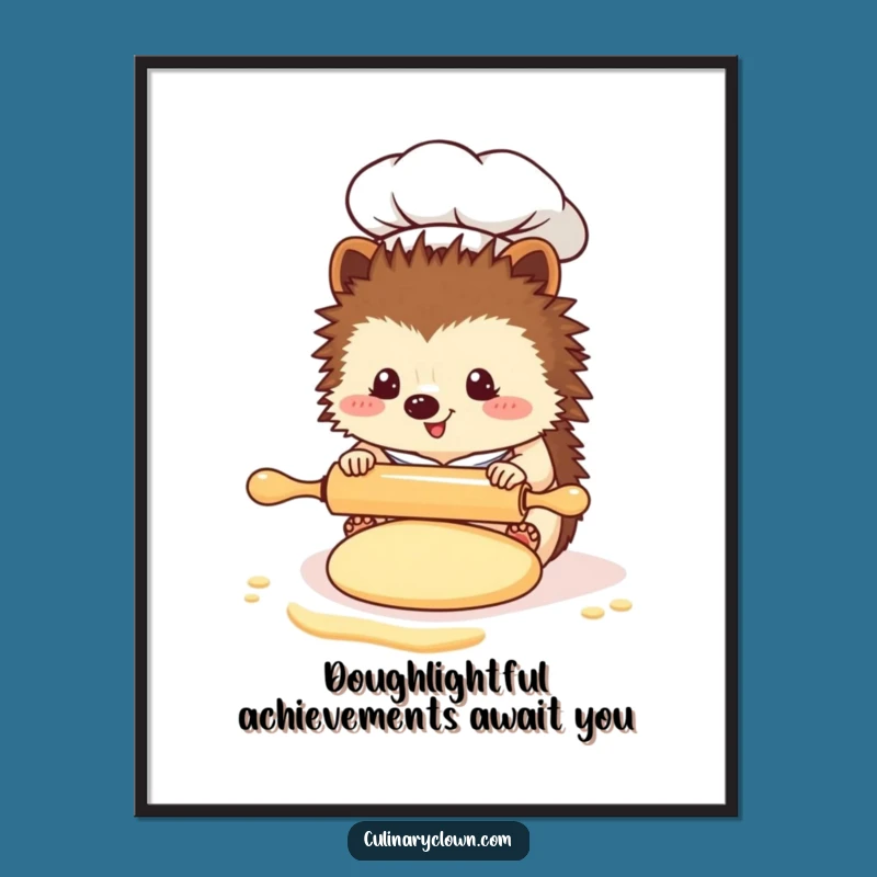 Free Printable Wall Art: Funny Kawaii Hedgehog Chef Rolling Dough Downloadable Decor