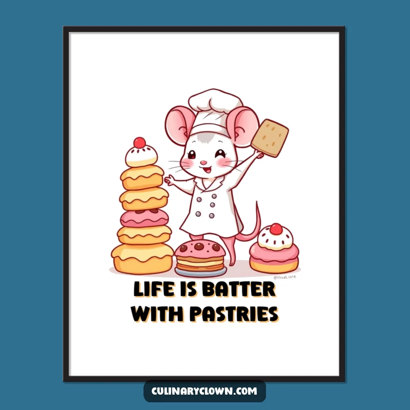Free Printable Wall Art: Funny Kawaii Mouse Chef Pastry Tower Cute Downloadable Decor