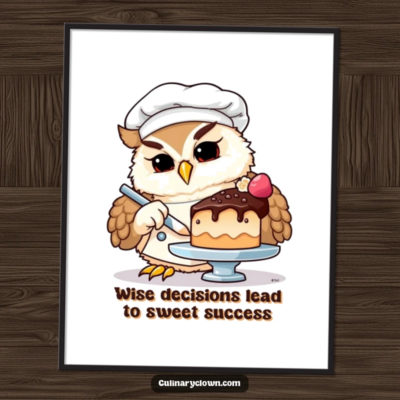 Funny Free Printable Wall Art: A determined owl chef focused on skillfully decorating a tiny, elaborate cake with frosting.
