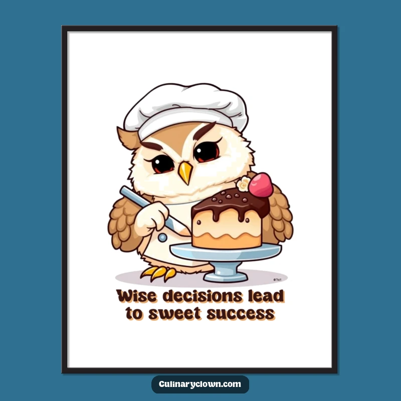 Free Printable Wall Art: Funny Owl Chef Decorating Mini Cake, Whimsical Downloadable Art