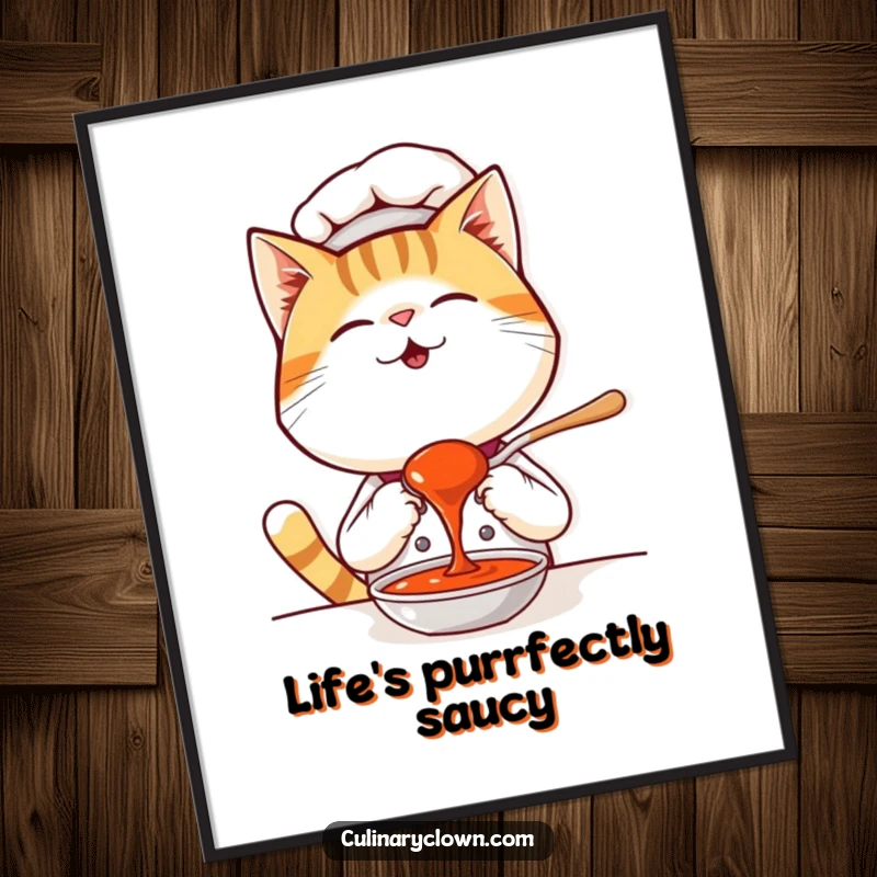 Funny Free Printable Wall Art: A kawaii cat chef giggling while tasting a spoonful of sauce, adding kitchen charm.