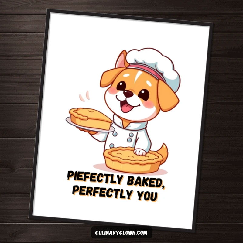 Funny Free Printable Wall Art: A kawaii dog chef excitedly presenting a perfectly baked pie, bringing warmth to your decor.