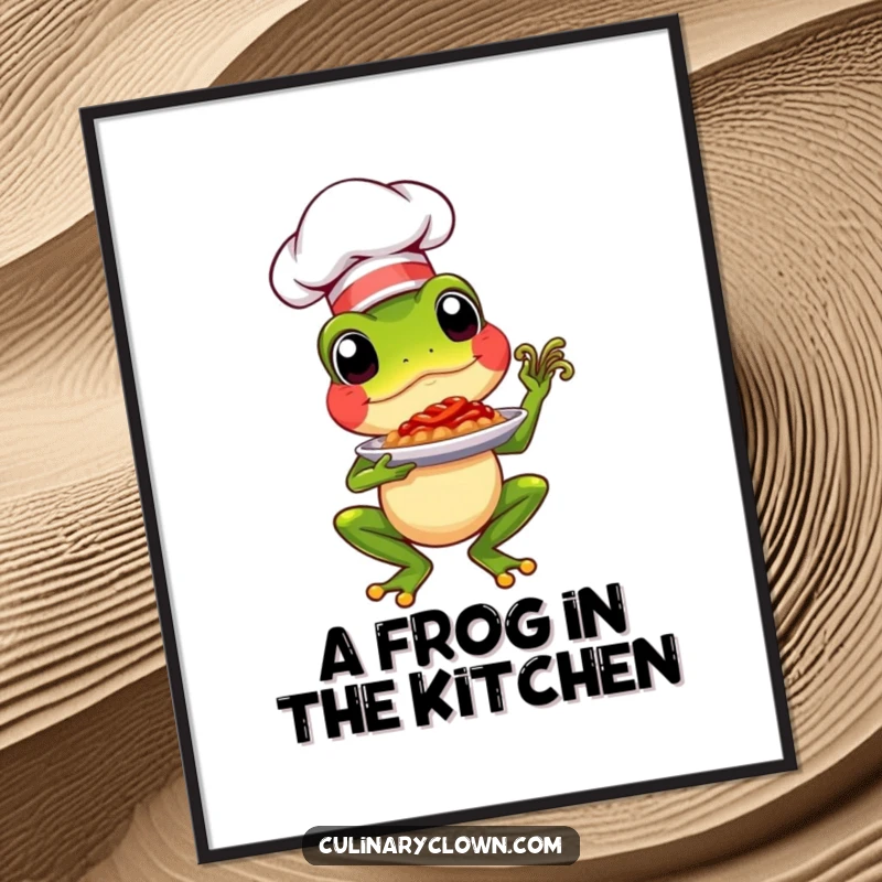 Funny Free Printable Wall Art: A proud chef frog character presenting a beautifully crafted dish, perfect for a whimsical kitchen.