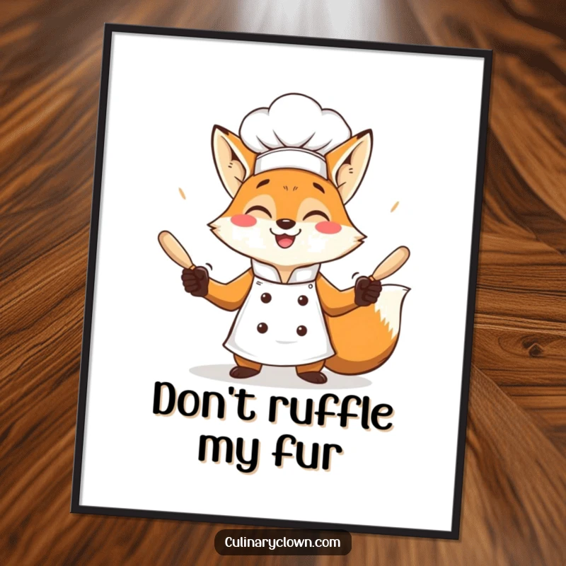 Funny free printable wall art of a cheerful fox chef energetically juggling rolling pins with a broad, happy grin.