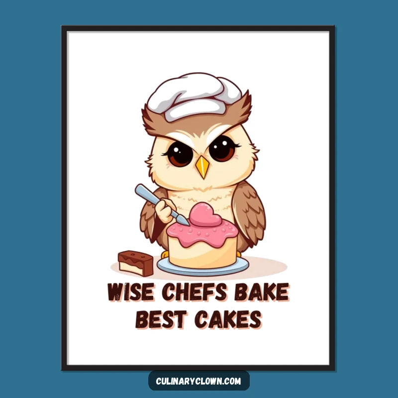Funny Free Printable Wall Art: Owl Chef's Tiny Cake Masterpiece Downloadable Art