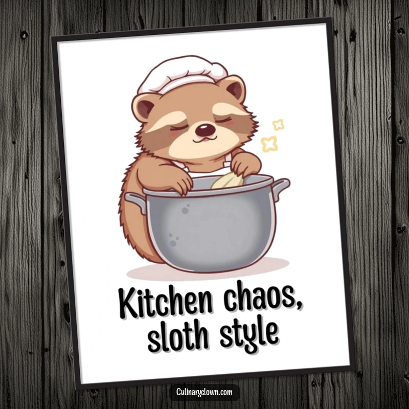Funny free printable wall art of a sleepy sloth chef humorously stirring a large pot, perfect for a cozy and amusing kitchen vibe.