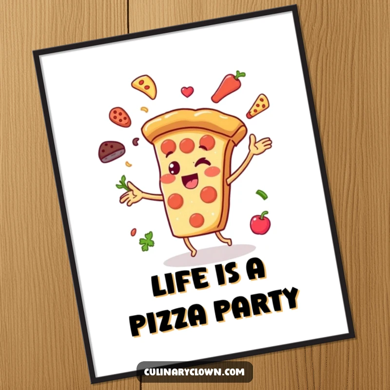 Funny Free Printable Wall Art: Cheerful pizza slice character juggling ingredients with joyous abandon, a fun piece of downloadable kitchen decor.