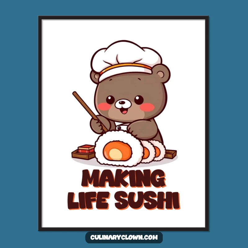 Free Printable Sushi Bear Wall Art: Kawaii Chef Bear Rolling Sushi Downloadable Decor