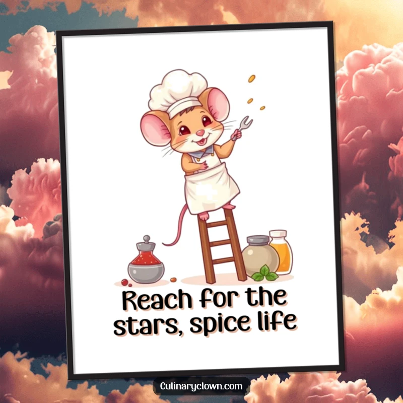 Funny Free Printable Wall Art: A small, brave mouse chef actively climbing a wooden ladder towards a variety of spice jars.