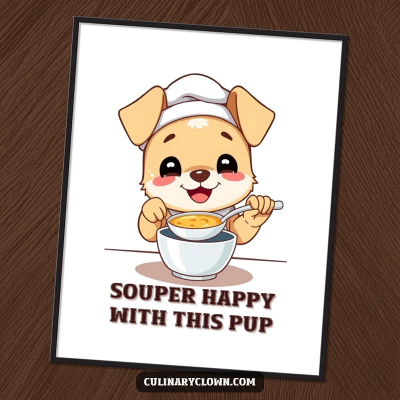 Funny Free Printable Wall Art: Gleeful puppy chef tasting a spoonful of soup with a happy, contented expression.